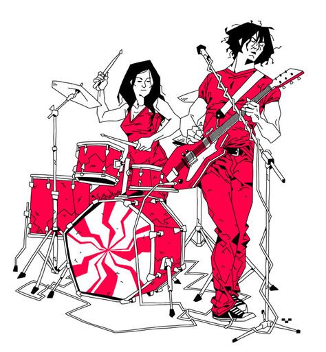 Singing With Microphone Pose, Bass Player Reference, Drummer Oc, Drum Set Drawing, Musician Poses, Band Reference, Rock Band Art, Band Illustration, White Stripes Band