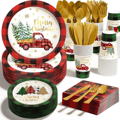 The package includes 50 x 9inch Christmas disposable dinner plates, 50 x 7inch dessert plates, 50 x 9oz paper cups, 50 x 6.5inch christmas paper napkins, 50 golden plastic forks, 50 knives and 50 spoons. These christmas decorations set are an excellent way to entertain guests, but also making them feel special with a treat to go home with. Christmas Card Writing, Winter Party Themes, Christmas Paper Plates, Christmas Paper Napkins, Christmas Dinnerware, Winter Wonderland Party, Christmas Napkins, Christmas Party Supplies, Christmas Banners