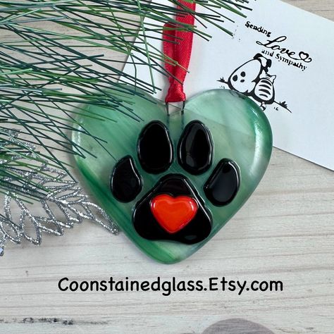 Fused Glass Green Heart Ornament with a Paw Print, Dog Paw Print, Cat Paw Print, Glass Ornament, Pet Memorial Gift, Christmas Tree Decor by CoonStainedGlass on Etsy Fused Glass Paw Print, Paw Ornament, Paw Print Ornament, Melting Glass, Fused Glass Christmas, Fused Glass Artwork, Fused Glass Ornaments, Glass Fusing Projects, Cat Paw Print