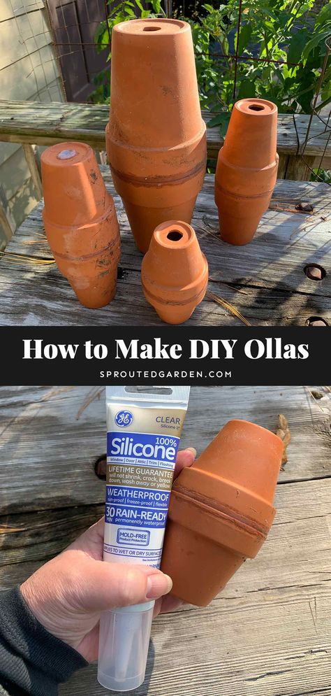 Four terracotta ollas on a wooden table. Watering Can Ideas, Olla Irrigation, Ancient Irrigation, Irrigation Diy, Can Ideas, Garden Watering System, Garden Nails, Garden Tattoo, Vegetable Garden Diy