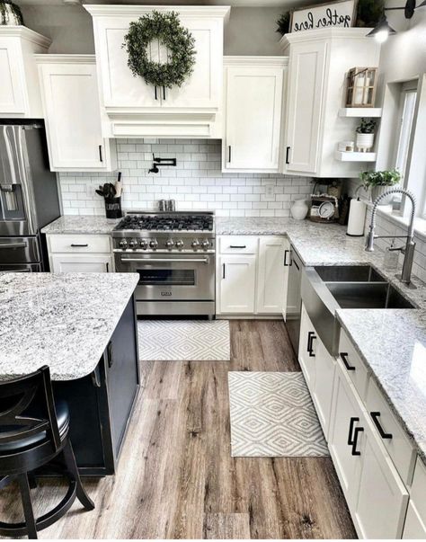 Kitchen Sink And Window, White Kitchen With Grey Walls, Kitchen White Cabinets Granite Counter, Farmhouse Kitchen Table Decor Ideas, White And Grey Kitchen Farmhouse, Small Square Kitchen Layout, Kitchen Ideas With White Cabinets, Kitchen Remodel White Cabinets, Farmhouse Kitchen Cabinet Color Ideas