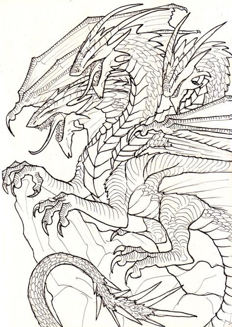 3 Heads Line Art by Ruth-Tay.deviantart.com on @deviantART Two Headed Dragon Drawing, Three Headed Dragon Drawing, 3 Headed Dragon Tattoo, Three Headed Dragon Tattoo, 2 Headed Dragon, Dragon Pictures To Color, Dragon Line Art, 3 Headed Dragon, Three Headed Dragon