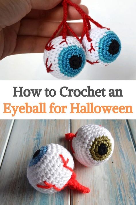 Eyeball Crochet Pattern Free, Crochet Halloween Eyeball, Crochet Eyeball Keychain, How To Crochet Halloween, Eyeball Crochet Pattern, Crochet Eyeball Pattern Free, Eyeball Amigurumi, Spooky Crochet Ideas, Crochet Projects Halloween