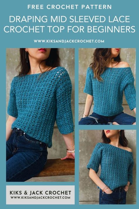 The Colins Easy 3/4 Mid Sleeve Crochet Top is a loose oversized sweater top, that can be worn from spring to summer to fall. It features a beautiful stitch that gives it an airy design and stunning drape. The cute 3/4 sleeves hit below the elbow and give it a casual modern look. The neckline is wide and flattering and can be customized so that it sits off the shoulder or on the shoulder.  This is a free and easy crochet pattern available as a size inclusive made to measure pattern. It is beginner friendly and is quick and easy to crochet.  Click on the photo to access your free crochet pattern. Crochet Top For Beginners, Crochet Shirt Free Pattern, Crochet Top Free Pattern, Sleeve Crochet Top, Crochet Blouse Free Pattern, Crochet Sweater Free, Crochet Tank Tops, Crochet Jumper, Crochet Sweater Pattern Free