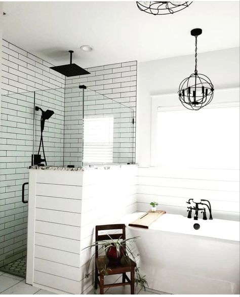 Shiplap Tub Surround, Glass Half Wall, White Subway Tile Shower, Half Wall Shower, Subway Tile Showers, Full Bathroom Remodel, Glass Shower Enclosures, Master Shower, Bathroom Redesign