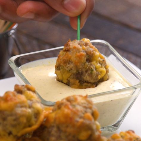 Our crowd-pleasing sausage balls recipe makes the easiest, tastiest, most addictive little party bites. Sausage Balls Dipping Sauce, Honey Mustard Dipping Sauce Recipe, Creamy Honey Mustard, Honey Mustard Dip, Baking Mix Recipes, Tailgating Ideas, Sausage Balls Recipe, Creamy Honey, Mustard Dip