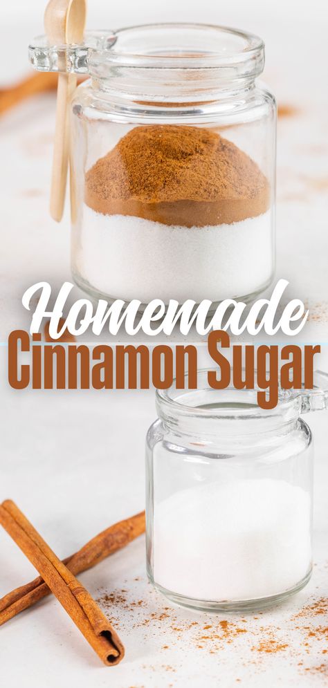 A top image of a clear jar filled with half white sugar and half cinnamon, and a bottom image of a clear jar half full of white sugar set on a counter next to full cinnamon sticks. Flavored Sugar Recipe, Cinnamon Sugar Recipes, Flavored Sugar, Raw Sugar, Cooking Basics, No Sugar Foods, How To Make Homemade, Easy Food To Make, Coconut Sugar