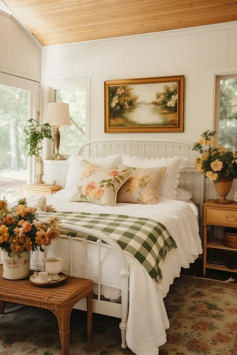 80+ Gorgeous Cottagecore Bedroom Ideas Cottage Bed Frame, Minimal Cottagecore Bedroom, Vintage Inspired Bedroom Ideas, Cottagecore Girls Bedroom, Cottage Core Girls Bedroom, Clean Cottagecore Aesthetic, Spring Bedroom Aesthetic, French Country Bedroom Decor Ideas, Vermont Bedroom