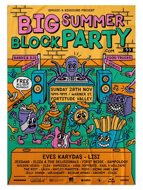 Block Party Graphic, Block Party Graphic Design, Block Party Aesthetic, Block Party Poster, Burger Bangor, Burger Tshirt, Block Party Flyer, Summer Block Party, Illustration Gif