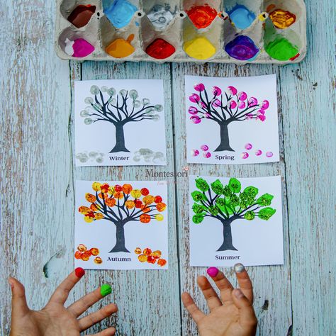 Seasons Art Project, Finger Painting Ideas, Finger Painting For Toddlers, Thumb Painting, Tree Painting Easy, Finger Paint Art, Finger Painting For Kids, Four Seasons Art, Witch Craft Works