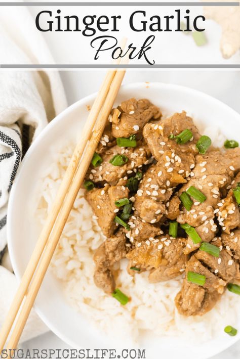 Sauteed pork, ginger and garlic in a delicious sriracha, honey sauce. This Ginger Garlic Pork is a satisfying meal that's as quick and as scrumptious as takeout. #sugarspiceslife #pork #asian #dinner #ginger #garlic #supper #weeknight #easy #quick Pork Ragu, Garlic Pork, Asian Dinner, Pork Sauce, Pork Recipes For Dinner, Beef Ragu, Ginger Pork, Asian Rice, Scrumptious Food