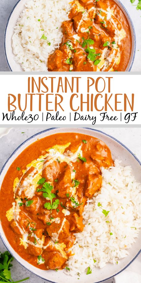 This Whole30 instant pot butter chicken couldn't be easier to make. It's Paleo, gluten-free, keto and takes under 30 minutes from start to finish. This low carb, totally delicious Indian dish is a simple recipe but packs a ton of flavor and only has a cook time of 10 minutes in the pressure cooker. It's a great recipe for meal prep or just for a quick family friendly weeknight meal. #whole30recipes #whole30instantpot #instantpotbutterchicken #whole30chicken #ketoinstantpot Instant Pot Whole 30 Recipes, Instant Pot Whole Chicken Recipes, Paleo Butter Chicken, Whole30 Instant Pot, Instant Pot Butter Chicken, Gluten Free Instant Pot Recipes, Pot Butter, Turkey Dinners, Gluten Free Instant Pot