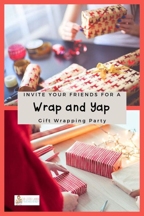 Check out these ideas for hosting a Christmas gift wrapping party with your friends and family! Take the bore out of this Christmas chore and have fun wrapping and yapping. Tips for food, drinks, decorations, wrapping supplies, invitations, and fun drinking games! With these ideas, you can be as creative, fancy, or casual as you want with this laid-back party.  You will want to host a holiday gift wrapping party every year! #christmas #gifts #presents #christmasparty Christmas Wrapping Party Ideas, Gift Wrapping Party Christmas, Gift Wrapping Party Ideas, Wrapping Party Ideas Christmas, Christmas Wrapping Party, Hoa Ideas, Rs Activities, Resident Events, Gift Wrapping Party