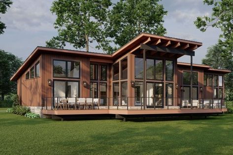 BuilderHousePlans.com Plan 923-361 Lake House Plans Open Floor One Story, 1500 Sq Ft House Plans, Modern Lake House, Creek Bed, Mountain House Plans, Lake House Plans, Modern Style House Plans, Casa Container, Air Bnb