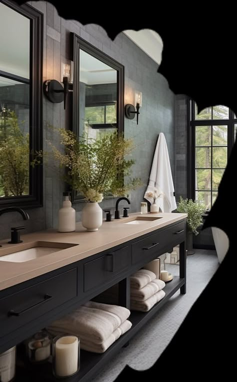 Master Bath Dark Tile, Guest Bathroom Ideas Dark, Black Accent Master Bath, Masculine Master Bathrooms, Men’s Dark Bathroom Ideas, Moody Master Bath Inspiration, Male Bathroom Ideas, Dark Bathroom Floors, Masculine Master Bath