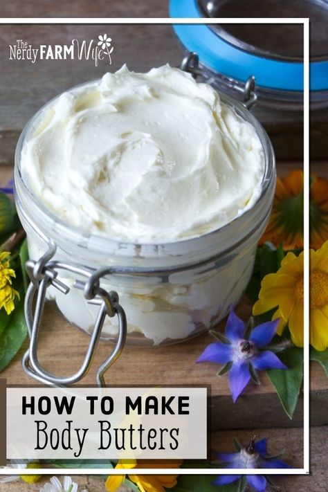 Learn how to make homemade whipped body butter! Includes the basics of making a simple body butter formula, expected shelf life and storage tips, some carrier oil and essential oil options, plus troubleshooting tips if your body butter turns out too greasy, grainy, soft, or hard. Plus a free bonus printable ebook: All Natural Body Butters! Best Whipped Body Butter, Different Types Of Body Butter, How To Make Scented Body Butter, Body Butter Formulation, Best Butters For Skin, Body Butter Display Ideas, Mango Butter Lotion Bars, How To Make Whipped Body Butter, How To Make Body Butter