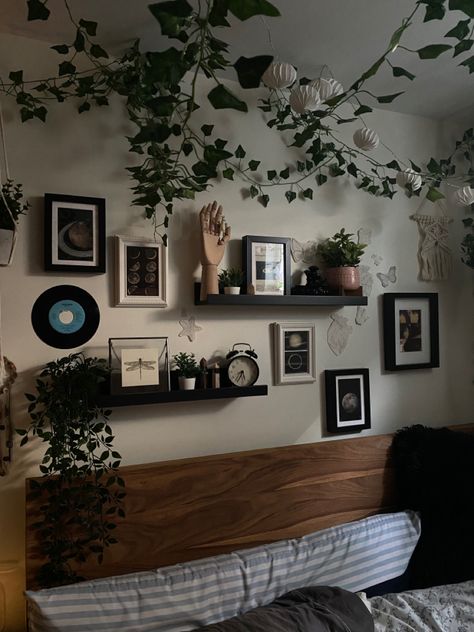 Black Furniture Bedroom With Plants, Dark Green Room Aesthetic Bedroom, Dark Green Aesthetic Bedroom, Green Themed Bedroom, Dark Green Rooms, Moon Room, Mens Room Decor, Gold Room Decor, Dark Green Walls