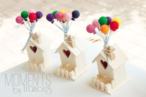 Bird houses sold at michaels for one dollar Disney Up Decorations Diy, Up Themed Centerpieces, Disney Up Crafts, Up Centerpieces Disney, Funfetti Birthday Party, Up Movie Decorations, Birdhouse Decorations, Birthday Party Themes For Women, Birthday Table Decorations For Women