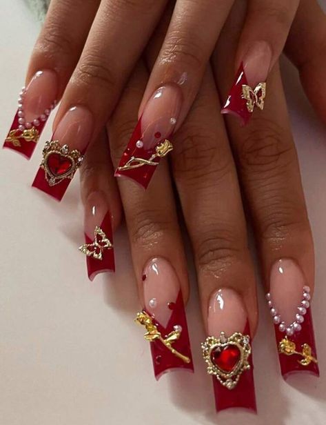 Red And White Wedding Nails, Royal Red Nails, Red Nails With Roses, Red White And Gold Nails, Red Nails Rose, Red Quince Nails, Red Nails With Gems, Red Birthday Nails, Red Rose Nails