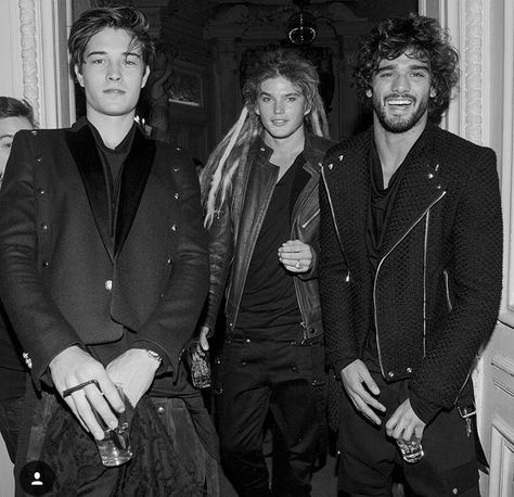 Francisco Lachowski, Jordan Barrett and Marlon Teixeira in Balmain Homme at the Balmain Men's RTW Fall 2016 After Party Chico Lachowski, Jordan Barrett, Sean O'pry, Marlon Teixeira, Lucky Blue Smith, Jon Kortajarena, Olivier Rousteing, Francisco Lachowski, Mens Fashion Week