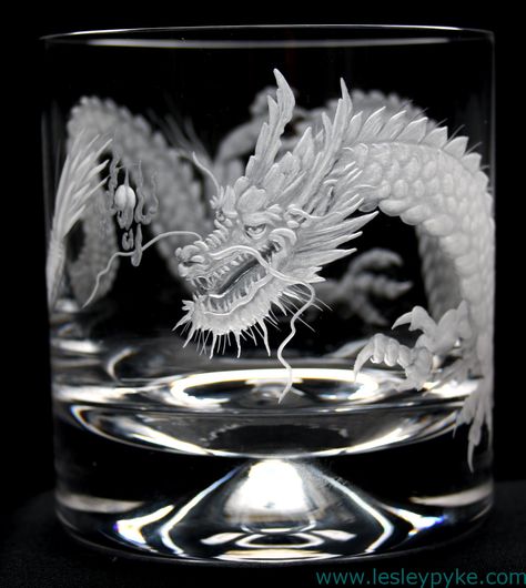 Hand engraved crystal whisky glass, Japanese dragon - by Lesley Pyke Dragon Glass, Asian Dragon, Glass Engraving, Cool Dragons, Whisky Glass, Engraved Crystal, Dragon Decor, Japanese Dragon, Dragon Jewelry