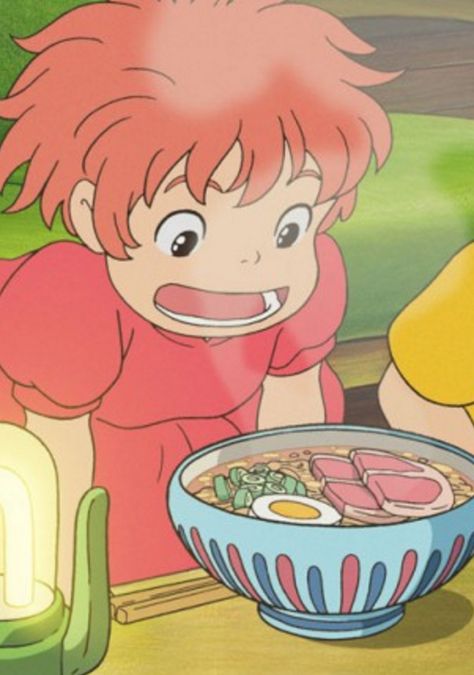 Ponyo. The dish: Ramen. The film: A heartwarming ham and noodle broth served to the scrappy goldfish princess by her new human friends. You will need: Ramen noodles, ham, egg, spring onions. Tamako Love Story, Personajes Studio Ghibli, Studio Ghibli Background, Studio Ghibli Characters, Ghibli Artwork, Studio Ghibli Movies, Studio Ghibli Art, Ghibli Movies, Ghibli Art