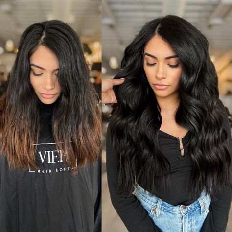 22 Inch Hair Extensions Black, Hair Extensions Before And After Black, Black Tape In Hair Extensions, Black Extensions Hair Long, Black Hair With Extensions, Hand Tied Extensions Before And After, Extensions Before And After, 22 Inch Extensions, Dark Hair Extensions