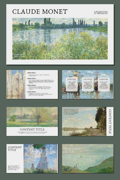 Claude Monet Canva Template. Order through our linktree! Template | Powerpoint | aesthetic | powerpoint background design| powerpoint template ideas | template aesthetic | PPT ideas| Presentation | Canva | Claude Monet | water lilies | impressionism | ppt template ideas | free template | minimal | canva font combinations | oil paintings #ppttemplate #powerpoint #ppt #aesthetic #pptideas #graphicdesign #canvatemplatedesign Powerpoint Flower Background Design, Powerpoint Inspiration Aesthetic, Artistic Powerpoint Design, Presentation Slides Aesthetic, Ppt Design Ideas School, Aesthetic Canva Slides, Canvas Ppt Ideas, Multimedia Presentation Ideas, Canva Aesthetic Template Presentation