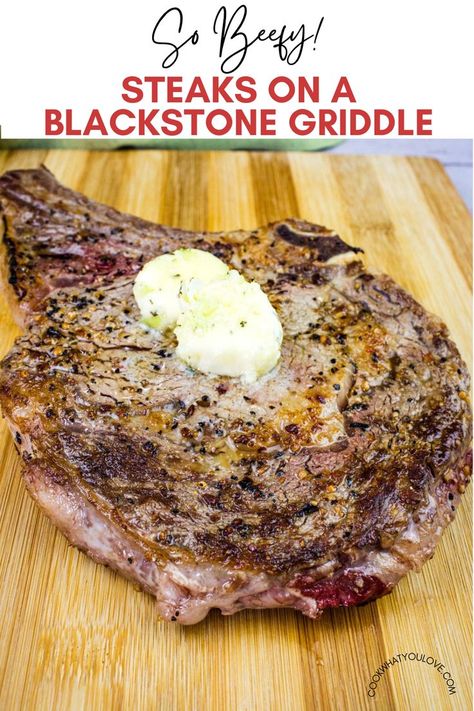 A seared steak cooked on a Blackstone griddle. Griddle Meat Recipes, Steak On Blackstone Grill, Cooking Steaks On Blackstone Griddle, Steak On A Blackstone, Black Stone Steak Recipes, Tomahawk Steak On Blackstone, Blackstone Grill Recipes Steak, Blackstone Steak Recipes, Keto Blackstone Griddle Recipes