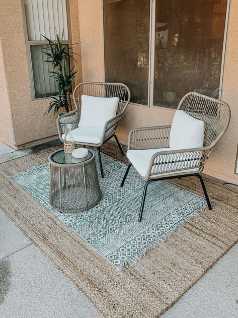 Boho Outdoor Chair, 3 Piece Outdoor Setting Patio, Modern Boho Balcony, Patio Plant Shelf, Outdoor Rug Balcony, Modern Bistro Set, Small Patio Rugs Outdoor Ideas, Fall Decor For Small Front Porch Cozy, Bistro Set Front Porch