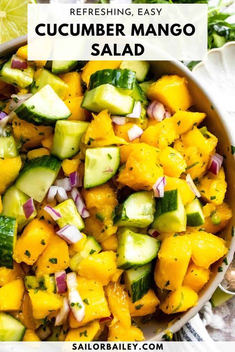 Cucumber Mango Salad is the perfect refreshing, sweet, savory salad to enjoy in the summer. It's hydrating and addictive.
 via @sailor_bailey Cucumber Salad Dressing, Cucumber Mango, Easy Veggie Side Dish, Sailor Bailey, Macro Counting, Blueberry Salad, Savory Salads, Best Appetizer Recipes, Mango Salad