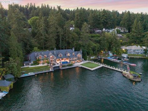 Lake Oswego Summer Retreat with Attached Boat Garage Asks $11.88M (PHOTOS) - Pricey Pads Oregon Lakes, Boat Garage, Lake Oswego Oregon, Double Island Kitchen, Double Islands, Lake Oswego, Delray Beach, Boat Dock, Stone Houses