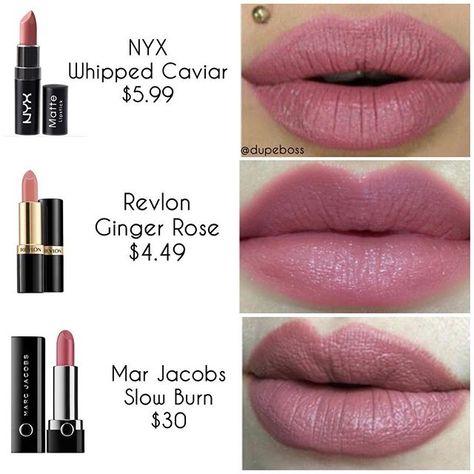 DUPE PROOF  Looking for a beautiful dusty rose lipstick?! WELL @marcbeauty Lip Créme in the shade Slow Burn ($30) has 2 alternatives that come very close in shade! The @nyxcosmetics lipstick in the shade Whipped Caviar for $5.99 AND the @revlon lipstick in shade Ginger Rose for $4.49! What's your fav? Comment Below  We hope this dupe helped @_gryffindors ❤️❤️ #nyx swatch by @lizbranquela  #revlon swatch by @flrnc.x ❤️ and #marcjacobs swatch by @dontcallmejesse #dupeboss Dusty Rose Lipstick, Ginger Rose, Best Lipstick Color, Revlon Lipstick, Lipstick Kit, Makeup Lips, Rose Lipstick, Lipstick Art, Best Lipsticks