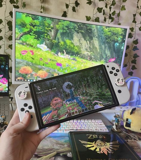 Switch Set Up Aesthetic, Video Game Astethic, Nintendo Setup, Nintendo Switch Setup, Nintendo Switch Minecraft, Videogame Aesthetic, Nintendo Switch Aesthetic, Cute Switch, Nintendo Switch Zelda