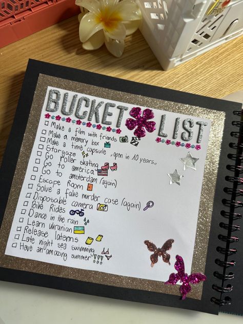 Scrapbook Ideas Bucket List Summer 2023 TeenLife Scrapbook Call me Bea Scrapbook Bucket List Page, Bucket List Scrapbook Ideas, Summer Bucket List Scrapbook, Teenage Years Scrapbook, Scrapbook Ideas Teenage, Teenage Life Scrapbook, Our Summer Scrapbook, Scrapbook Ideas Sisters, Summer Scrapbook Cover Ideas