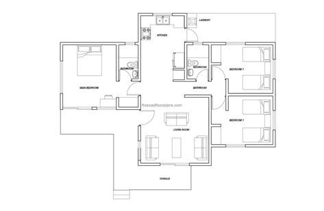 Three Bedrooms Open Plan House 1100 sq. ft min scaled 1100 Sq Ft House Plans, 800 Sq Ft House Plans, Open Plan House, Luxury House Floor Plans, 800 Sq Ft House, One Level House Plans, Transitional House Plans, 3 Bedroom Floor Plan, Three Bedroom House Plan