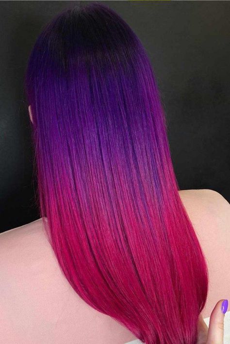 Vivid Balayage Brunette, Hear Color Style, Red Purple Ombre Hair, Pink Purple Red Hair, Purple And Fuschia Hair, Purple And Red Hair Ombre, Purple And Pink Hair Color Ideas, Red And Purple Hair Color Ideas, Purple To Pink Ombre Hair