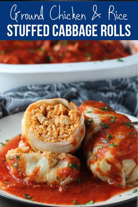 This is a great make-ahead family dish!  Stuffed Cabbage Rolls, or Golumpki are a traditional Polish and Slavic culture. This recipe uses ground chicken, paprika, parmesan, tomato paste, garlic, and onion for tons of flavor! It's topped with a delicious and tangy tomato sauce so the kiddos just love this too! This is not only delicious and hearty, but it's also lean and healthy!! #familydinnerideas #stuffedcabbagerolls #golumpki #groundchicken #chickendinnerideas Ground Chicken Stuffed Cabbage Rolls, Ground Chicken Cabbage Rolls, Chicken Cabbage Rolls Recipe, Chicken Stuffed Cabbage Rolls, Chicken Cabbage Rolls, Stuffed Veggies, Farmhouse Cooking, Chicken Paprika, Cabbage Wraps