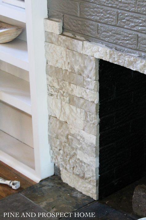 Brick Fireplace Remodel, Airstone Fireplace, Pine And Prospect Home, Pine And Prospect, Stone Fireplace Makeover, Fireplace Redo, Diy Fireplace Makeover, Fireplace Update, Brick Fireplace Makeover