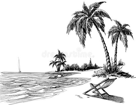 Summer beach pencil drawing. Hand drawn illustration of summer beach with palm t #Sponsored , #Ad, #Paid, #pencil, #Summer, #summer, #drawing Beach Sketches, Summer Drawings, Beach Drawing, Pencil Drawing Tutorials, Landscape Sketch, Beach Images, Beach Posters, Free Art Prints, 3d Drawings