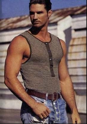 1990s male model in sleeveless shirt and self-cut exposed button-fly denim jeans Open Palm, Button Jeans, Gay Fashion, Top Tank, An Egg, Sleeveless Shirt, Men's Style, Male Models, Male Model