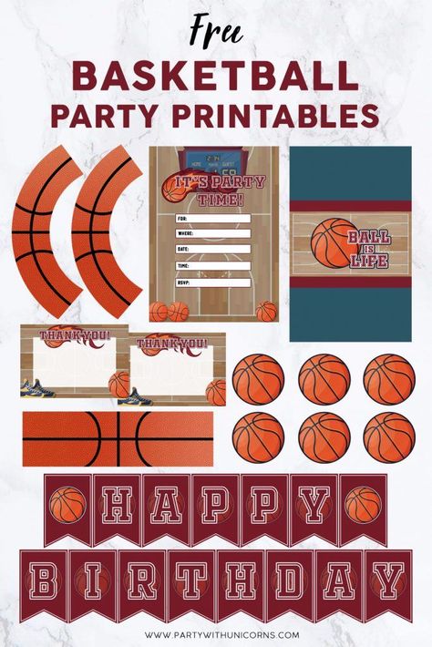 A free set of Basketball Party Printables avaialble for download Free Basketball Printables Templates, Free Basketball Printables, Basketball Party Printables Free, Basketball Birthday Party Decorations Free Printable, Basketball Birthday Party, Basketball Party Invitations Free, Basketball Birthday Banner Free Printable, Basketball Invitations Birthday Free Printable, Basketball Birthday Banner