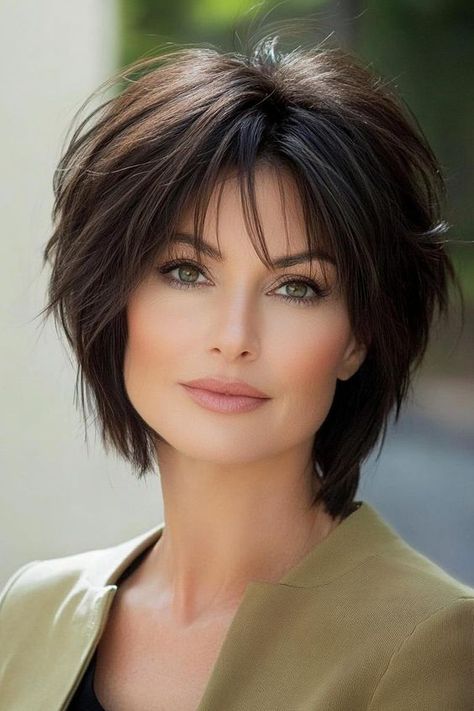 This haircut is a short bob with added texture and loose layers. It includes light, wispy bangs that gently frame the face, giving a fresh and current appearance. - Click to see more of Fabulous Looks: 31 Stylish Hairstyles That Exude Confidence for Older Women and follow us for more hairstyle ideas. Short Hair Looks Ideas, Shoulder Length Choppy Haircuts, Cute Short Haircuts For Round Faces, Sassy Haircuts For Women Over 50, Bobs With Bangs For Older Women, Short Sassy Hair Over 50, Layered Bob Hairstyles With Bangs, Short Layered Hair With Bangs, Layered Hair Bob