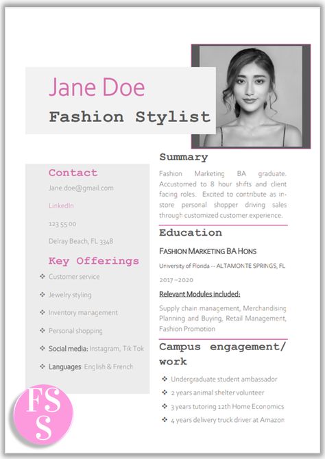 Need an Entry Level Fashion Stylist Resume Template? This creative resume comes recommended by recruiters. For more entry level resume tips & templates visit our website. Features * matching Cover Letter * Letter & A4 size * Word format * With photo * grey & pink resume design * pastel pink resume #creativecvideas #fashionresumetemplate Fashion Resume Examples, Fashion Cv Template, Cv For Fashion Designer, Resume For Fashion Designer Fresher, Fashion Cv Examples, Fashion Designer Cv Creative Resume, Cv Fashion Designer, Fashion Stylist Resume, Fashion Stylist Portfolio