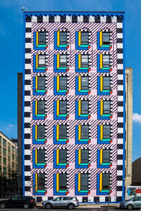 Surreal Architecture, Camille Walala, Memphis Art, Memphis Milano, Large Mural, Playground Design, Memphis Design, Unique Buildings, 3d Illusion