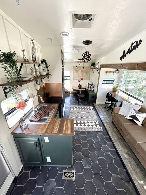 Old Rv Remodel Before And After, Beautiful Rv Interior, Old Rv Renovation, Rv Conversion To Tiny House, Revamp Rv, Rv Tv Cabinet Remodel, Rustic Rv Remodel, Converted Rv, 5th Wheel Camper Makeover