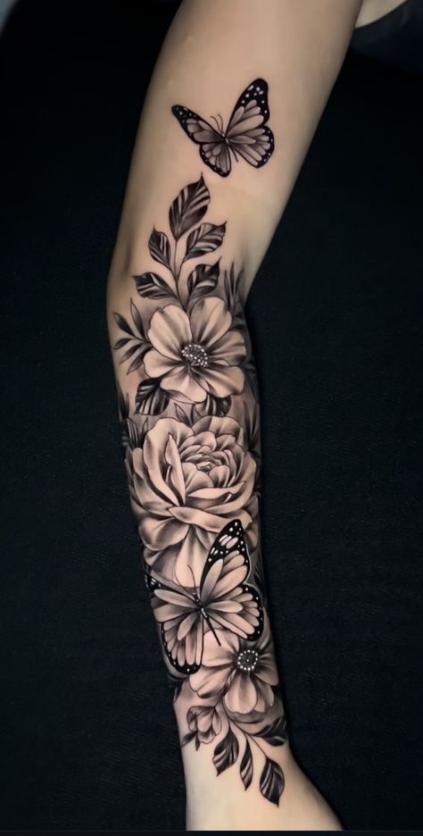 Tattoo Ideas Female Sleeve Butterflies, Floral Vine Tattoos Sleeve, Arm Tattoos For Women Forearm, Black And White Flower Tattoo, Inner Arm Tattoos, Shoulder Arm Tattoos, Flower Tattoo Arm, Vine Tattoos, Forearm Tattoo Women