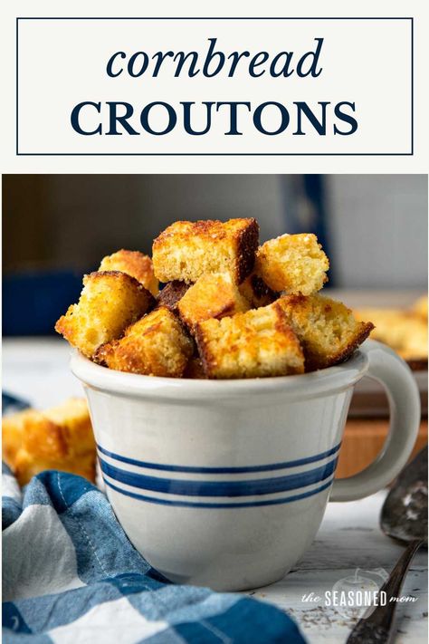 Take advantage of your leftover cornbread and make these easy cornbread croutons! Crispy, golden brown, and flavorful, the toasted cubes are a delicious addition to your next salad. Pot Of Beans, Creamed Corn Cornbread, Cornbread Croutons, Easy Cornbread, Crouton Salad, Leftover Cornbread, Bowl Of Chili, How To Make Cornbread, Corn Bread Bake