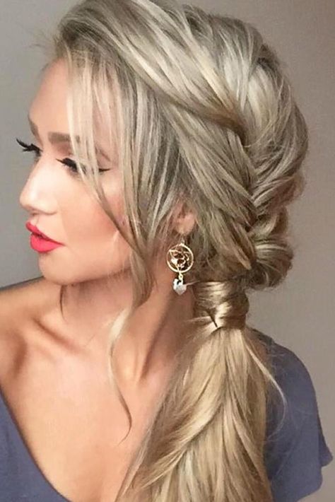 Elegant Ways to Style Side Braid for Long Hair ★ See more: http://lovehairstyles.com/side-braid-long-hair/ Side Pony With Braid Wedding, Side Ponies Hairstyles, Side Pony Hairstyles Wedding, Elegant Side Braid, Side Pony Updo Wedding, Bridesmaid Hairstyles Side Braid, Simple Side Braids For Medium Hair, Fancy Side Ponytail Hairstyles, Bridesmaid Hairstyles Side Ponytail