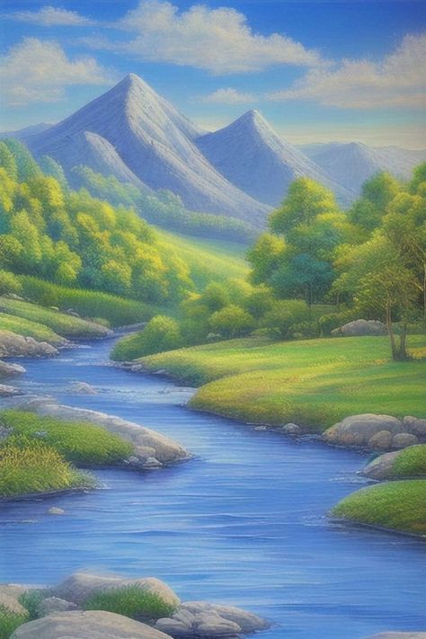 Beautiful landscape with mountains in the background and a river flowing down the valley. River Scenery Landscapes, Peaceful Drawings Nature, Mountain Valley Drawing, Mountain With River Painting, Flowing River Painting, Green Mountains Painting, Valley Painting Landscapes, Mountain River Drawing, Mountain And River Drawing